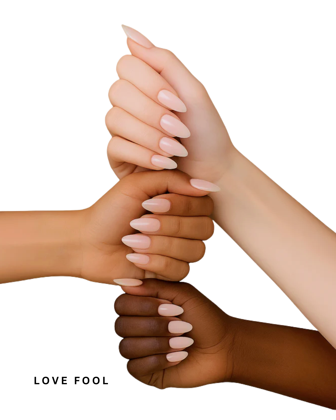 Four hands of different skin tones holding together on a white background with 'LOVE FOOL' text.