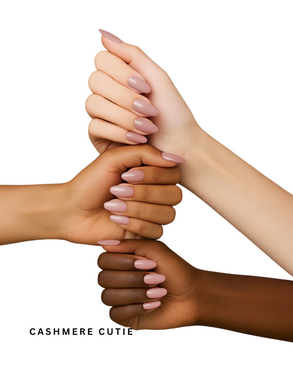 Four hands with pink nail polish holding each other on a white background, featuring the brand 'Cashmere Cutie'.