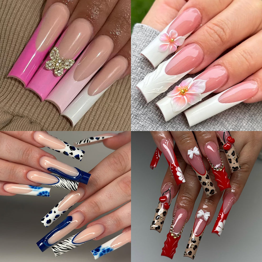 Collage of various nail art designs on hands with different color schemes and patterns.