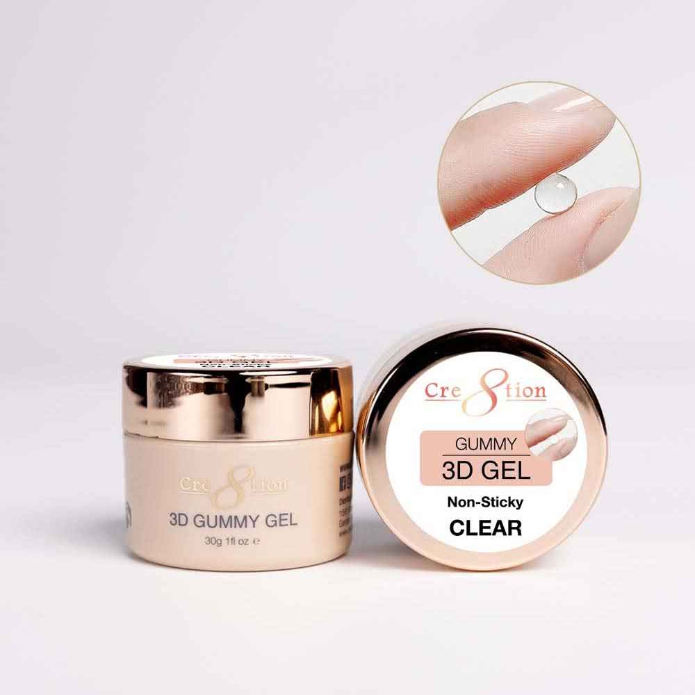 Cre8tion 3D Gummy Gel container with a close-up of a clear gel application on skin.