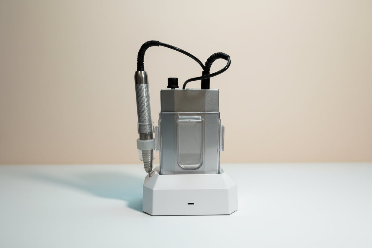 Metallic device attached to a white wall with a black cable.