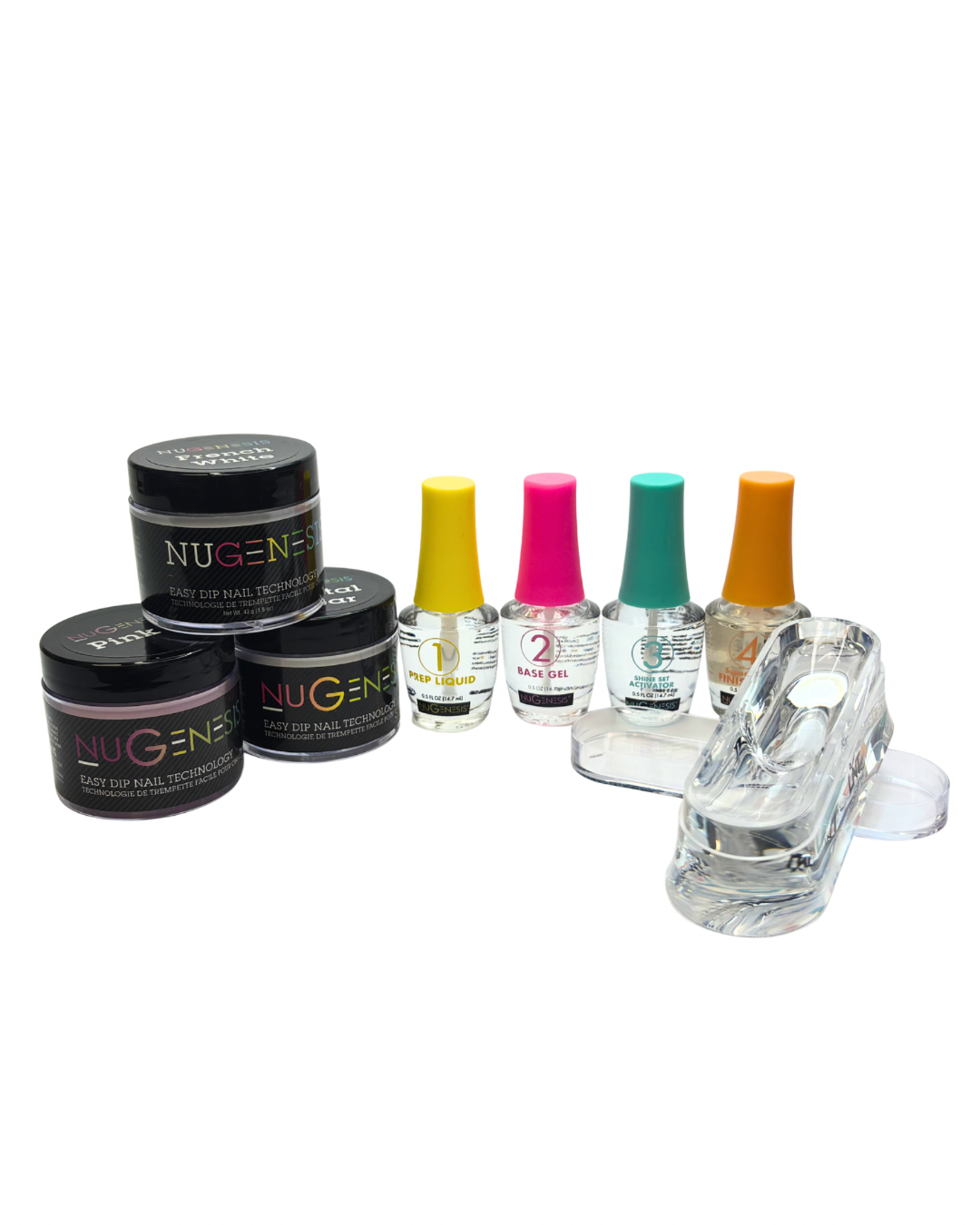 NuGenesis Complete Dip System Kit – 4-Step Dip Liquids + 3 Full-Size Powders (Crystal Clear, French White & Pink II) + French Nail Tray – Perfect for Clean Girl Nails & French Manicures