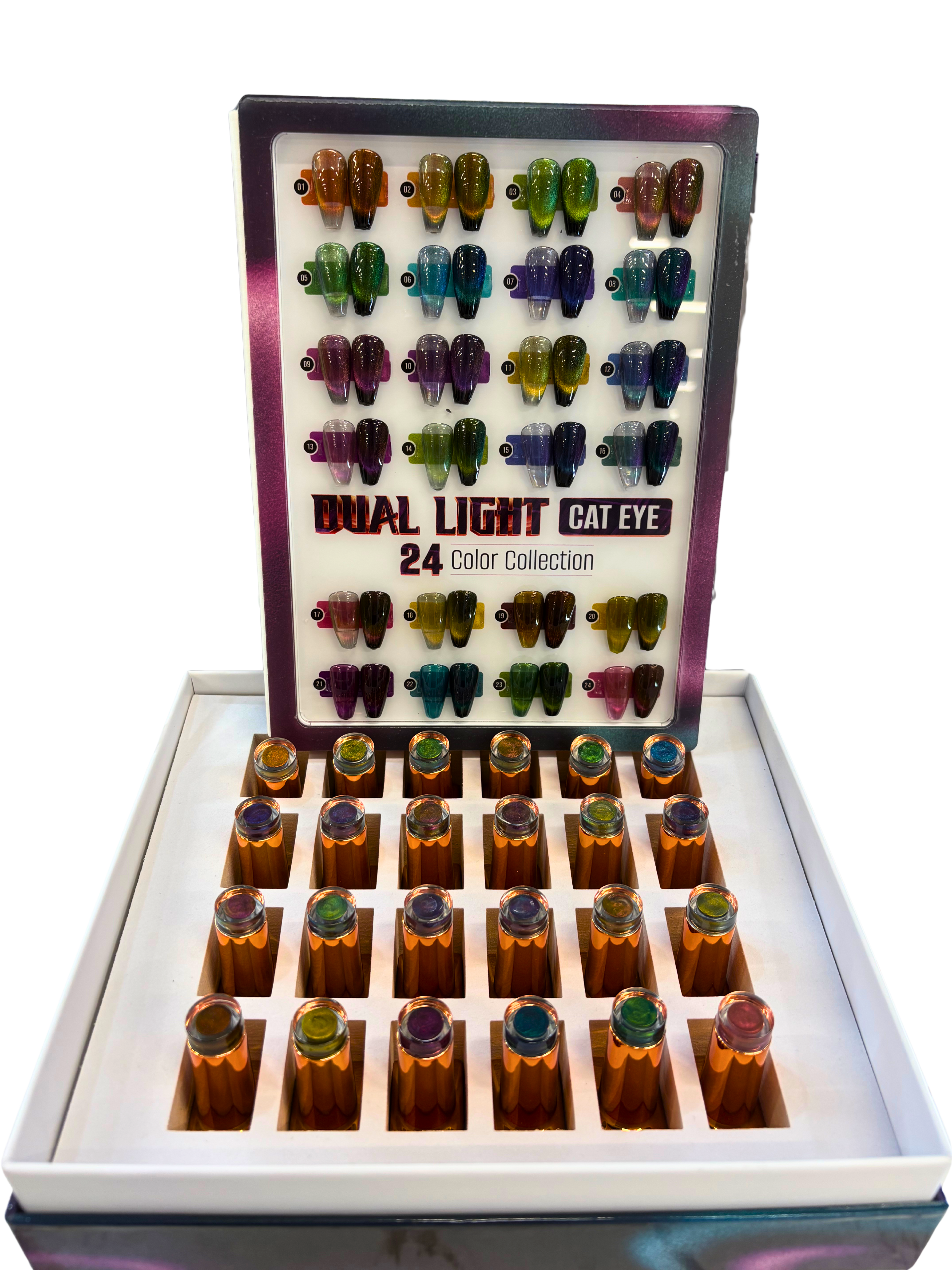 Display of dual light cat eye makeup with a colorful packaging on a white background