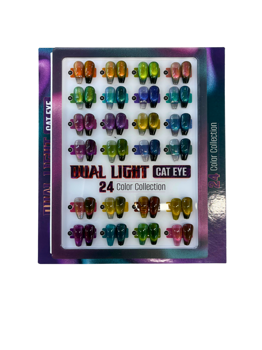 Packaging of dual light cat eye nail art collection with 24 colors on a white background.