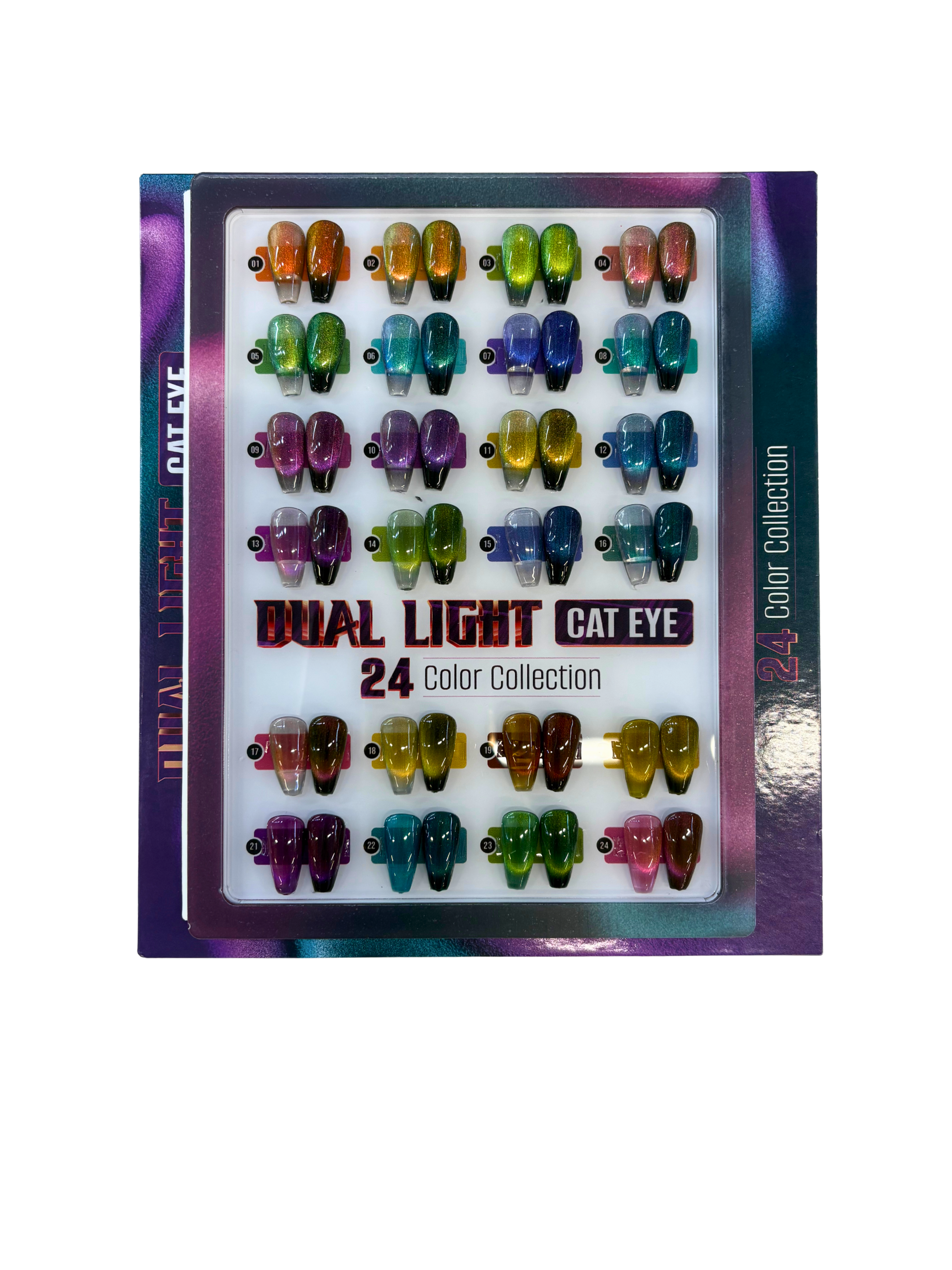 Packaging of dual light cat eye nail art collection with 24 colors on a white background.