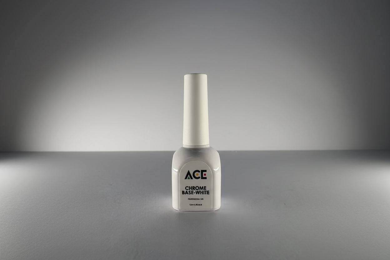 Ace Chrome Base White nail polish bottle on a gray background