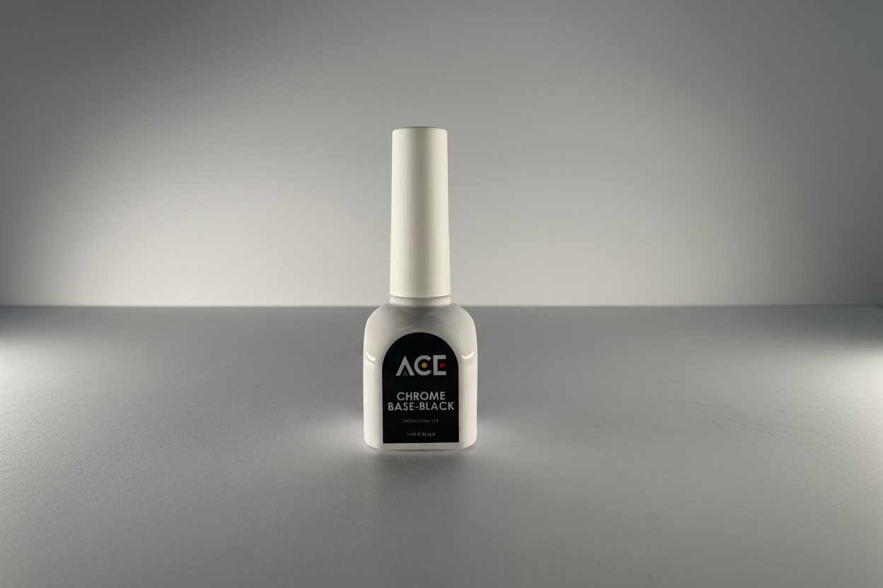 Bottle of ACE Chrome Base Black nail polish on a gray background