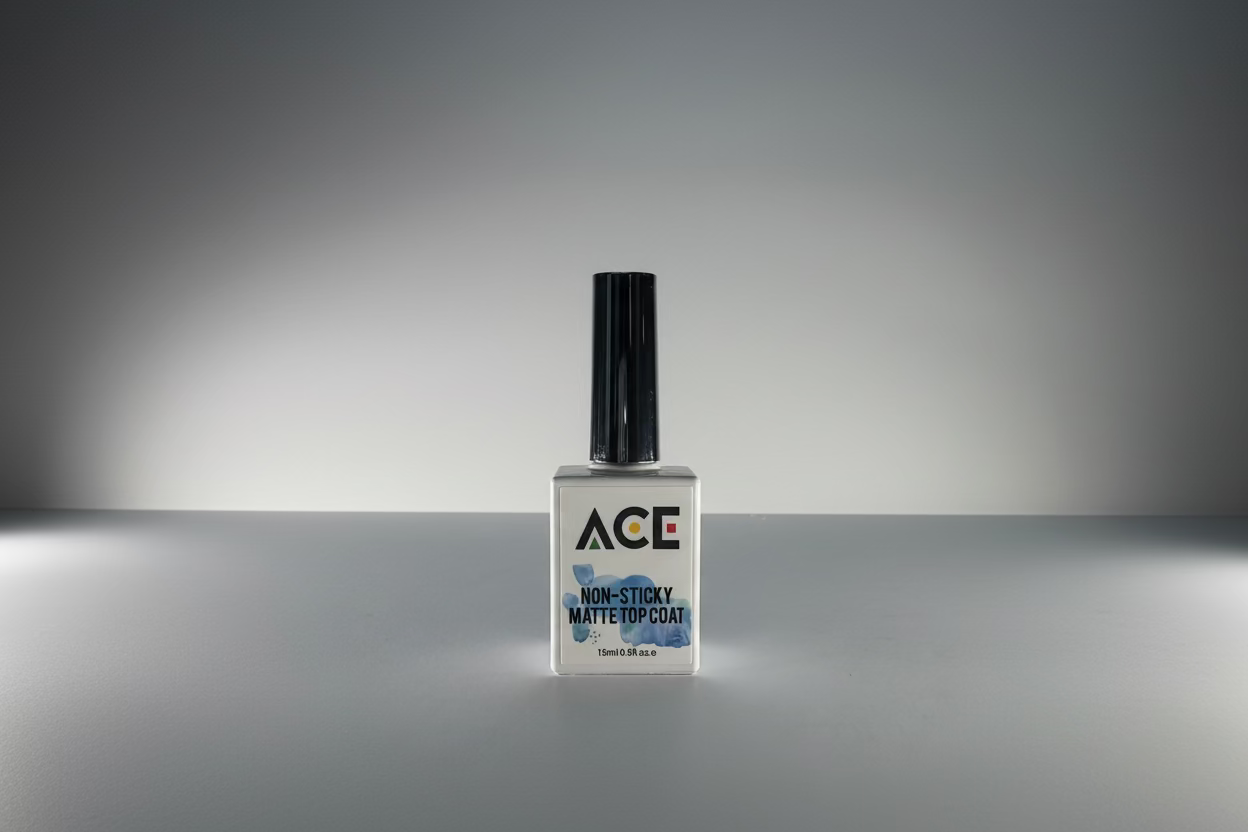 Nail polish bottle with 'ACE' label on a gray background