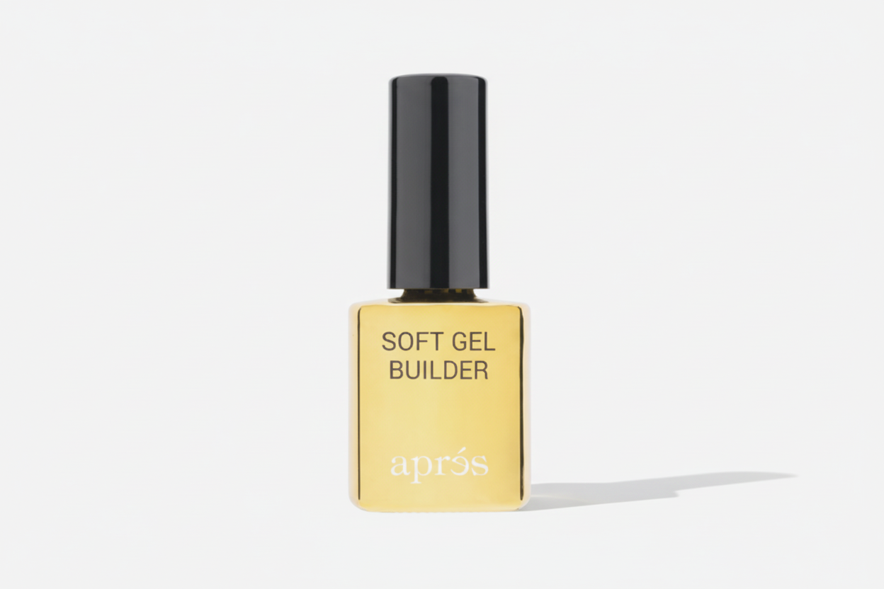 Gold bottle of 'Soft Gel Builder' by Apres on a white background