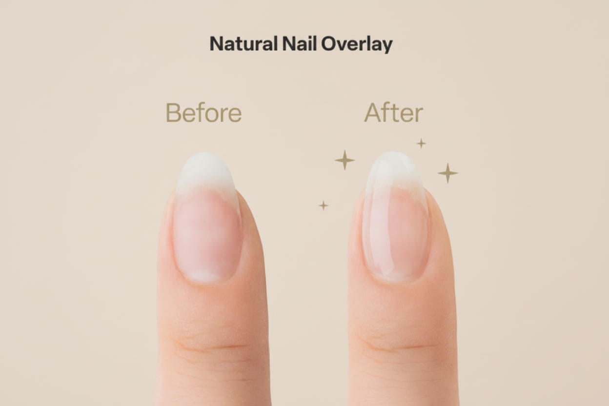 Comparison of natural nail overlay before and after on a person's fingernails.