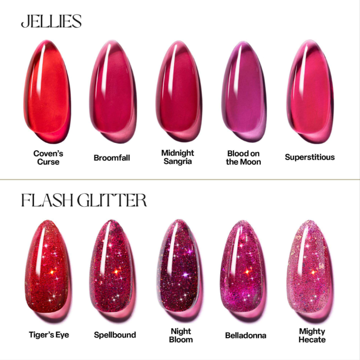 A product color chart showing multiple glossy and glitter nail polish swatches labeled 'JELLIES' and 'FLASH GLITTER' with shade names including Cover's Curse, Broomfall, Midnight Sangria, Blood on the Moon, Superstitious, Tiger's Eye, Spellbound, Night Bloom, Belladonna, and Mighty Hecate.