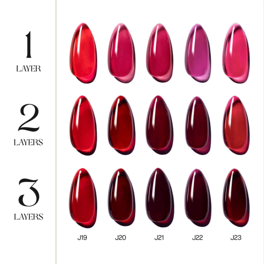A color chart for nail polish showing three layer combinations labeled 1 layer, 2 layers, and 3 layers, with five glossy teardrop-shaped swatches in shades ranging from bright red to deep burgundy and plum. The swatches are labeled J19, J20, J21, J22, and J23.