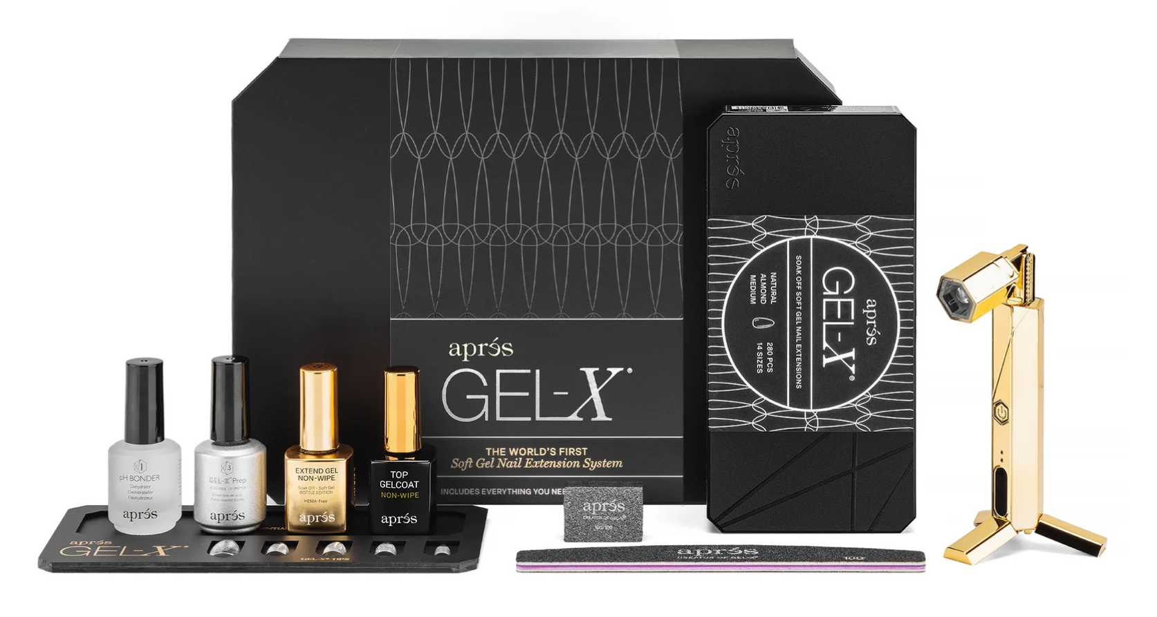 Apres Gel-X nail extension kit with bottles, tools, and packaging on a white background