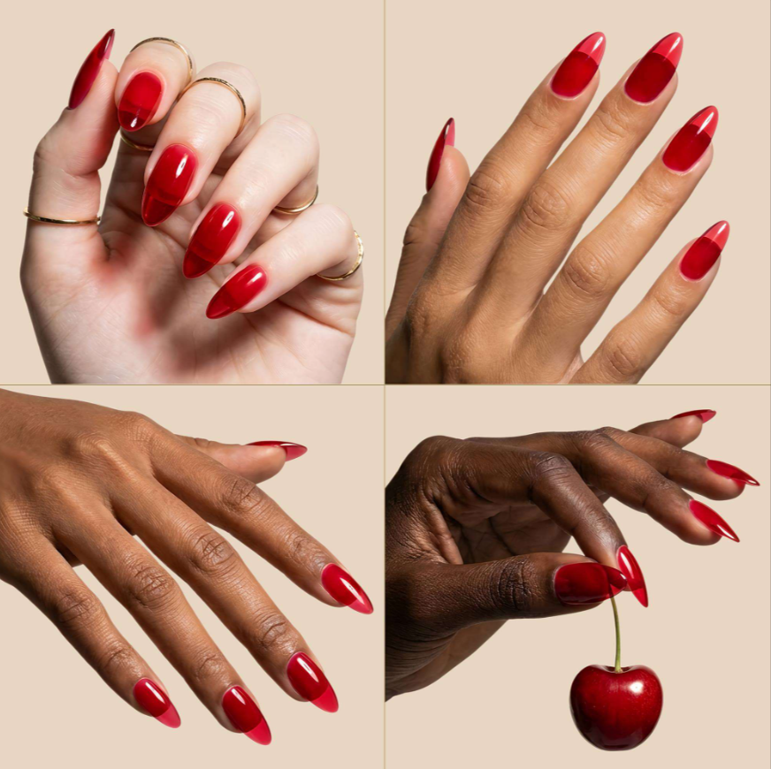 Four-panel collage showing manicured hands with glossy almond-shaped nails painted in a bright cherry red shade, against a warm beige background. One panel includes a small red cherico.