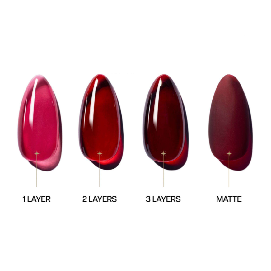 Four glossy nail color swatches on a white background, labeled 1 LAYER, 2 LAYERS, 3 LAYERS, and MATTE, showing a gradient from bright pink-red to deep burgundy.