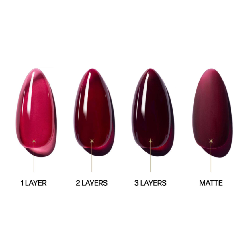 Four glossy nail color swatches on a white background, labeled 1 LAYER, 2 LAYERS, 3 LAYERS, and MATTE, showing a deep berry pink to burgundy gradient.