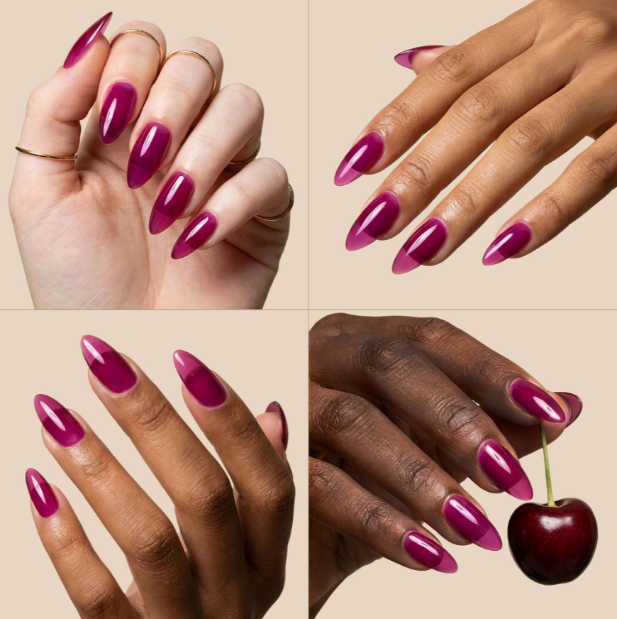 Four-panel collage showing manicured almond-shaped nails in a glossy deep berry pink shade worn on different skin tones, plus a hand holding a dark red cherry.