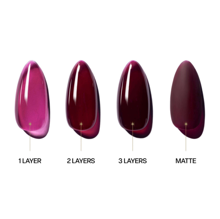 Four glossy nail color swatches on a white background, labeled 1 LAYER, 2 LAYERS, 3 LAYERS, and MATTE, showing a gradient from bright pinkish purple to deep burgundy and plum.