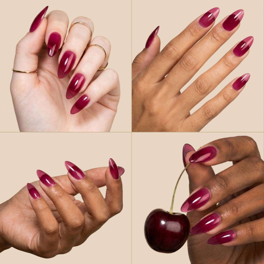 Four-panel collage showing manicured hands with long almond-shaped nails painted in a glossy deep berry pink shade. The nails are displayed on multiple hands, including one holding a dark red cherry.