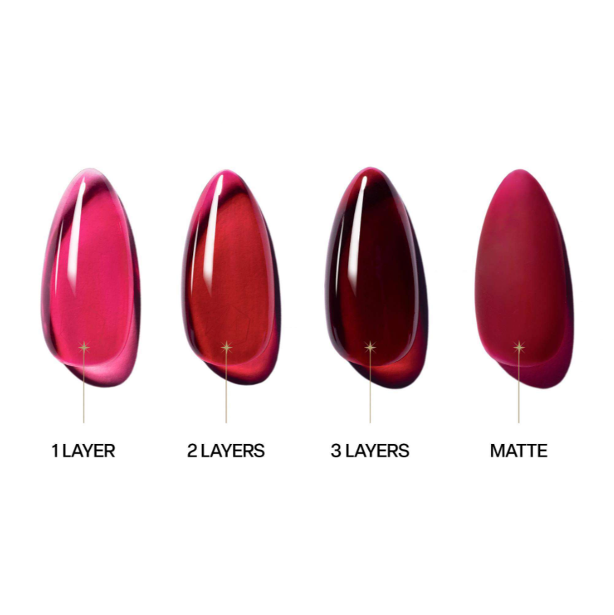 Four teardrop-shaped nail swatches on a white background, labeled 1 LAYER, 2 LAYERS, 3 LAYERS, and MATTE, showing a gradient from glossy bright pink to deep dark red matte.