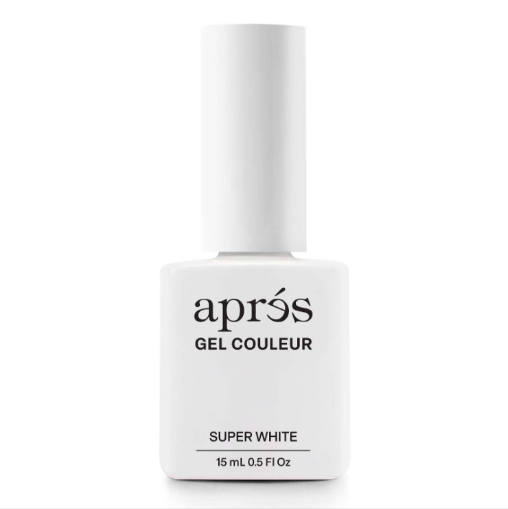 A bottle of aprés Gel Couleur nail polish in the shade Super White, featuring a white rectangular bottle and cap with black text on a clean white background.