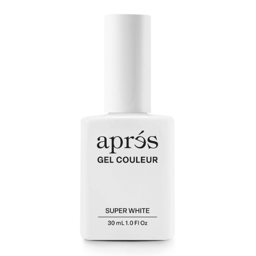 A bottle of aprés Gel Couleur nail polish in the shade Super White, 30 mL (1.0 Fl Oz), shown on a clean white background.