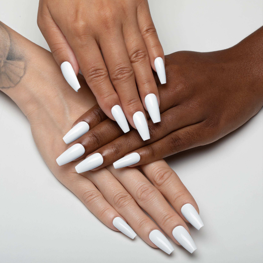 Three hands with long, glossy white almond-shaped press-on nails arranged on a light gray background.