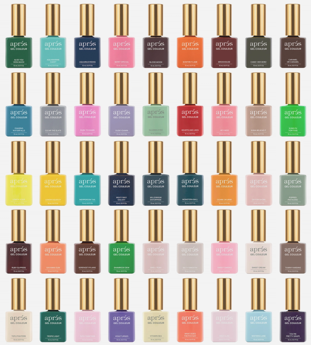 Grid of apris nail polish bottles in various colors