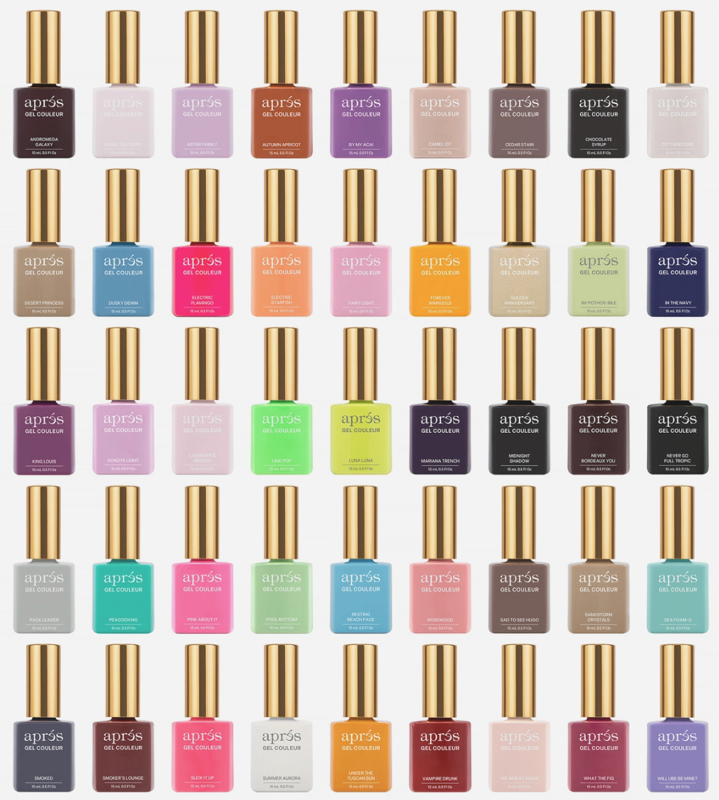 Grid of après nail polish bottles in various colors