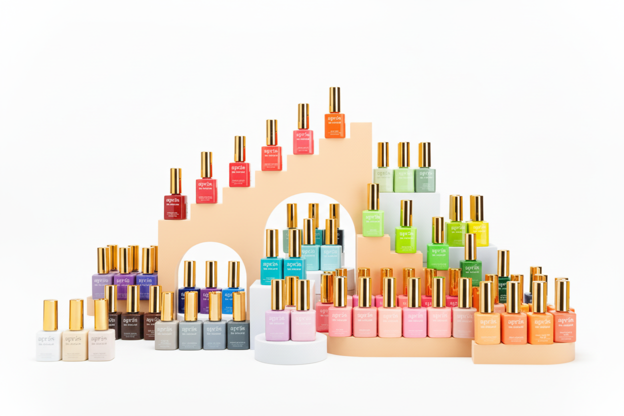 Collection of colorful nail polish bottles on a beige background