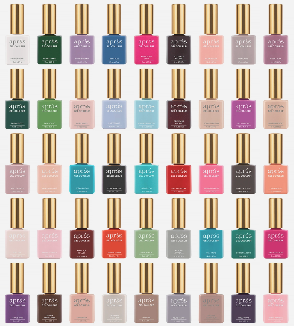 Collection of après nail polish bottles in various colors arranged in a grid.