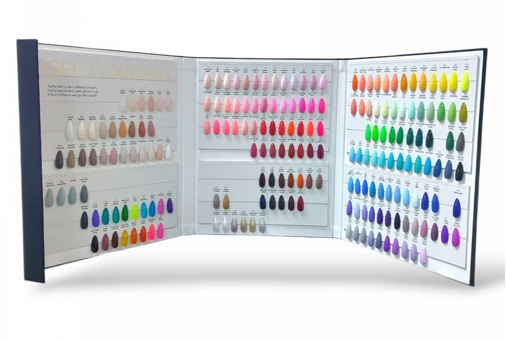 Nail color swatch book with a wide range of colors on a white background