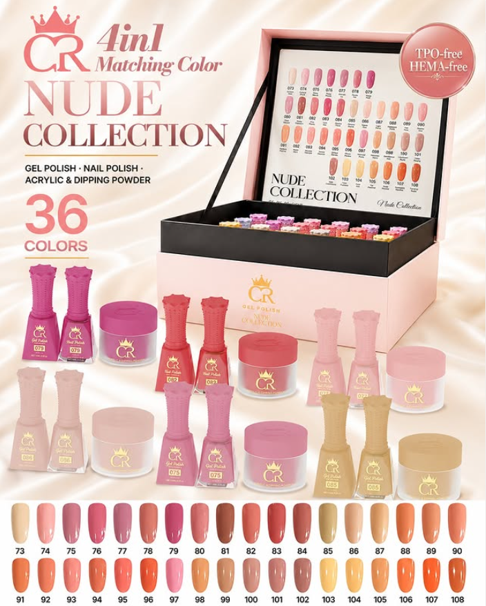 CROWN Nude 4-in-1 Collection – 36 Beige, Pink & Nude Lacquer, Gel & 2in1 Dip/Acrylic Powders + FREE Dip Liquids & Gel Base/Top – The Ultimate Nude Kit