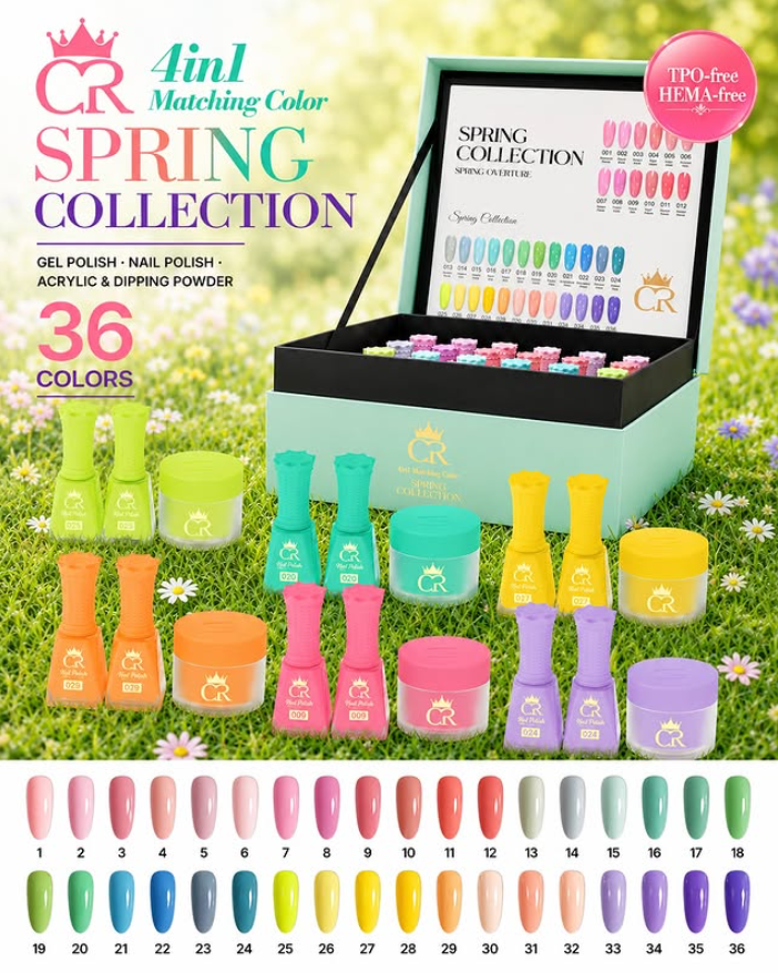 CROWN Spring 4-in-1 Collection – 36 Pastel Lacquer, Gel & 2in1 Dip/Acrylic Powders + FREE Dip Liquids & Gel Base/Top – Ready-to-Use Nail Kit
