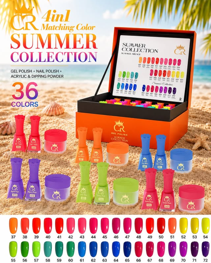 CROWN Summer Mirage Nail Set – 36-Piece 4-in-1 Collection (Lacquer, Gel & Powder) in Neon Shades + FREE Dip Liquids + Gel Base & Top Coat – Ultimate Summer Kit