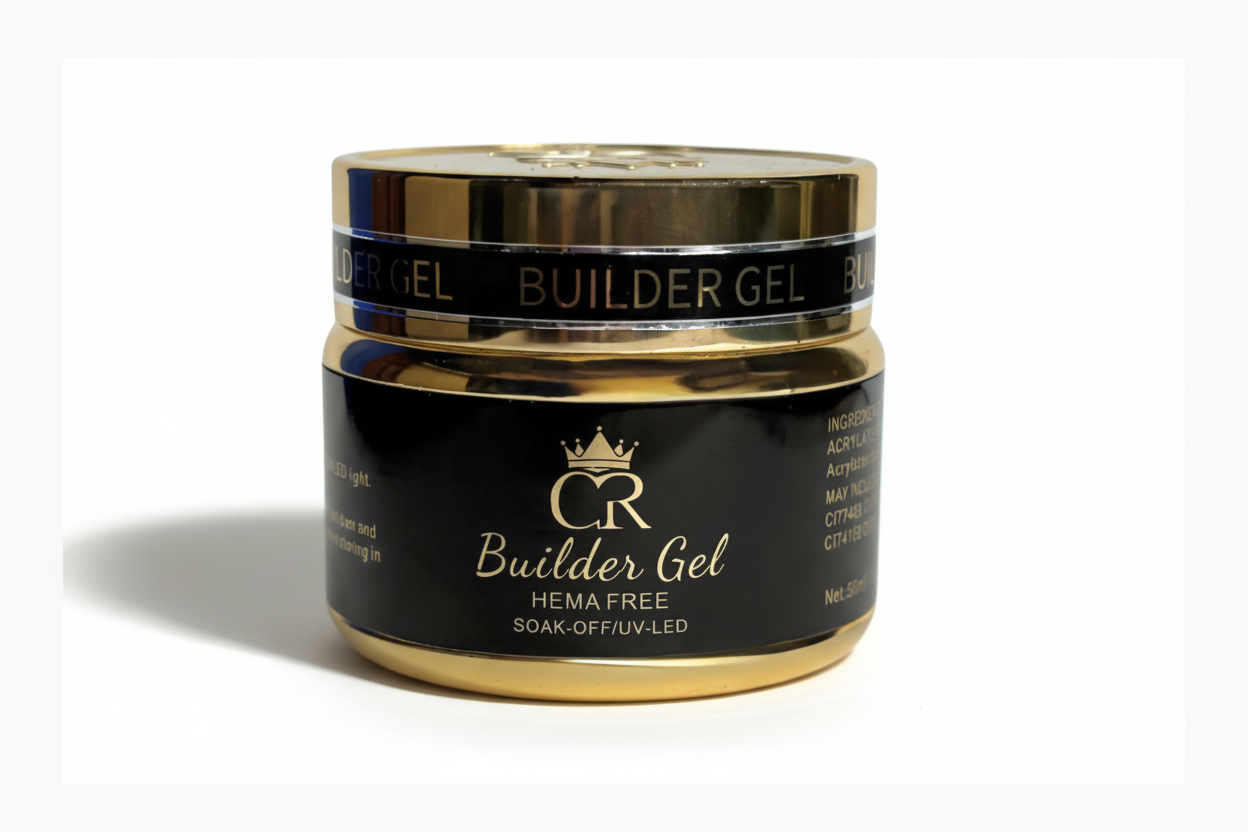 Jar of Builder Gel with gold and black design on a white background