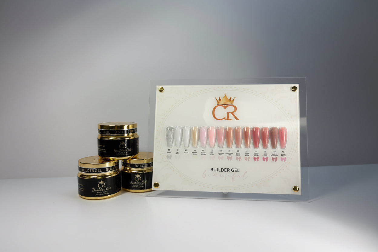 Set of builder gel samples on a display card with a brand logo, against a gray background