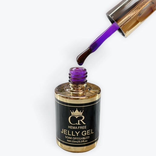 Bottle of Jelly Gel with a purple cap being poured from a brush