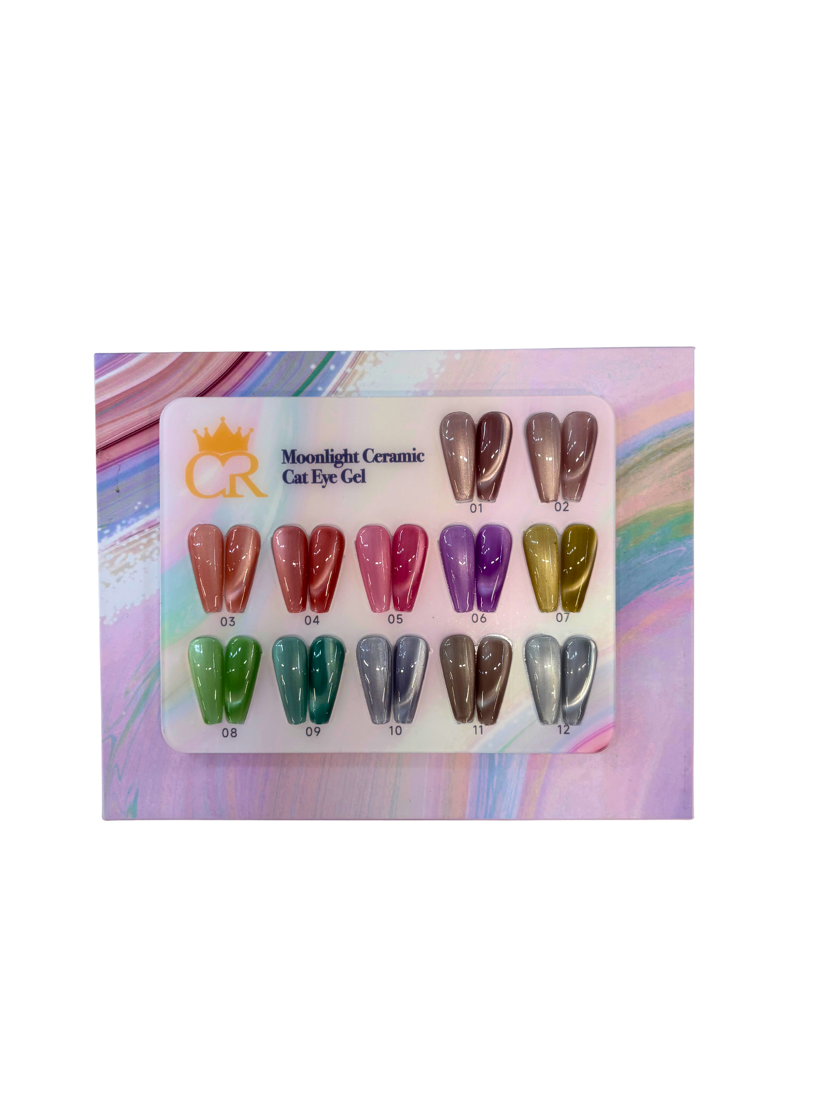 Set of colorful nail art gel samples in a box with a brand logo on a white background.