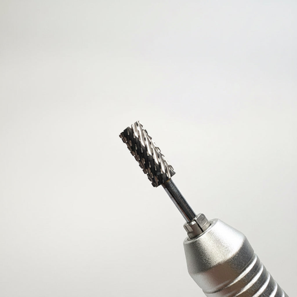 Close-up of a metallic rotary tool bit with a black bristle brush attachment, shown against a soft gray gradient background.