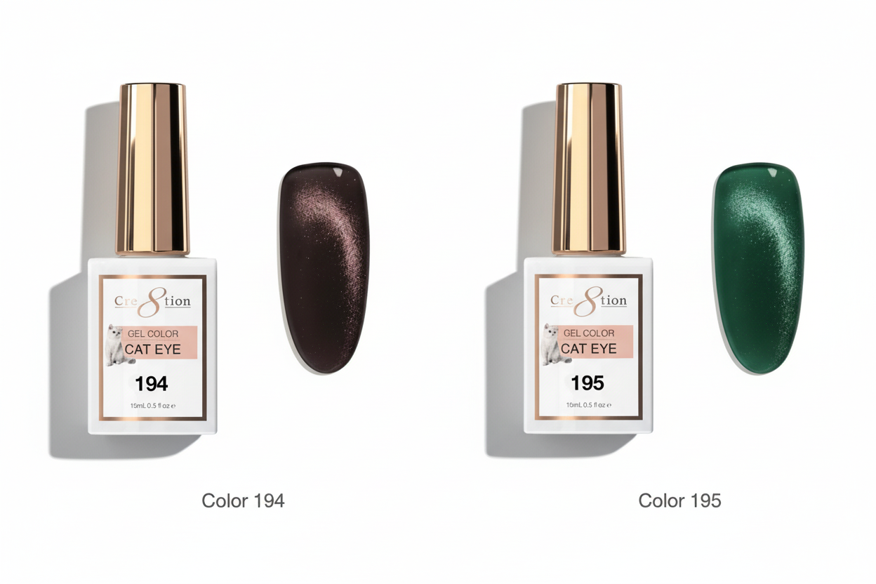 Two bottles of nail polish with corresponding swatches on a white background