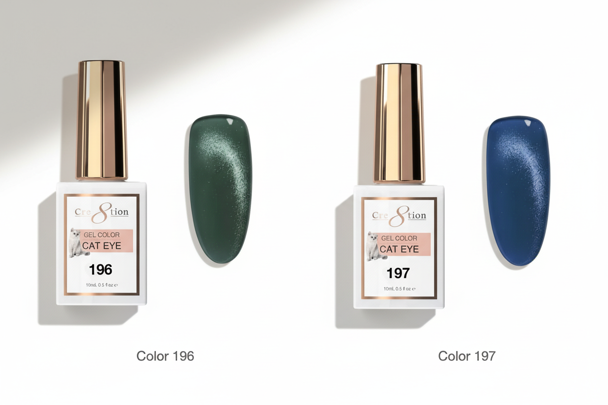 Two nail polish bottles with their corresponding colors displayed on a white background