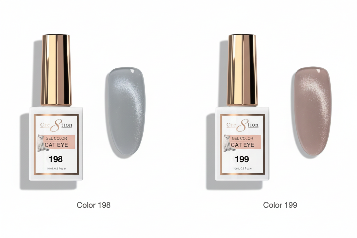 Two nail polish bottles with their respective shades displayed on a white background