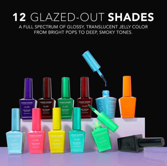 Collection of colorful nail polish bottles with a black background and text about glazed-out shades.