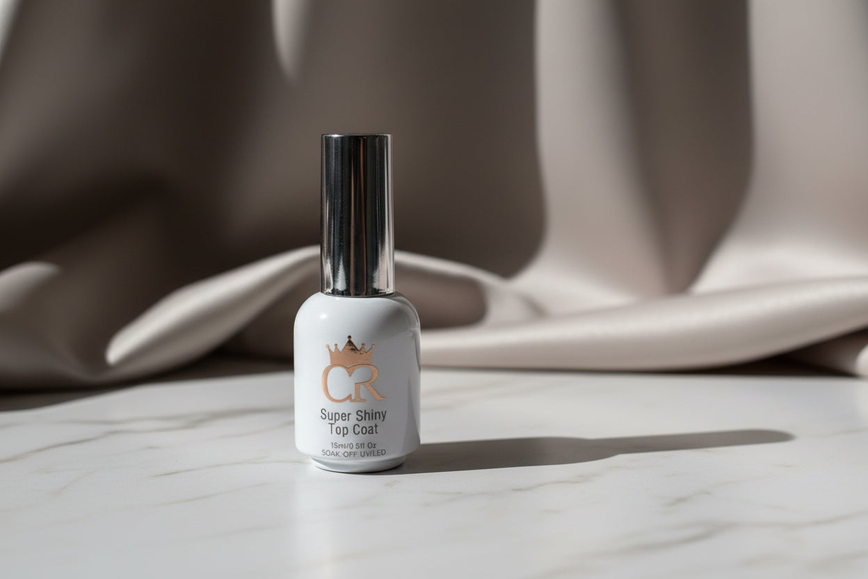 Nail polish bottle with a white label on a light gray background