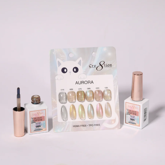Packaged nail art product with a brush and bottle on a light gray background