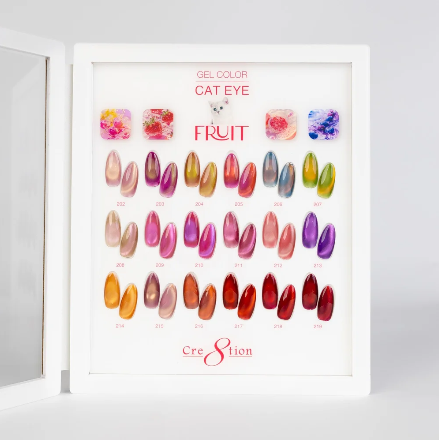 Nail color chart with various gel nail designs on a white background