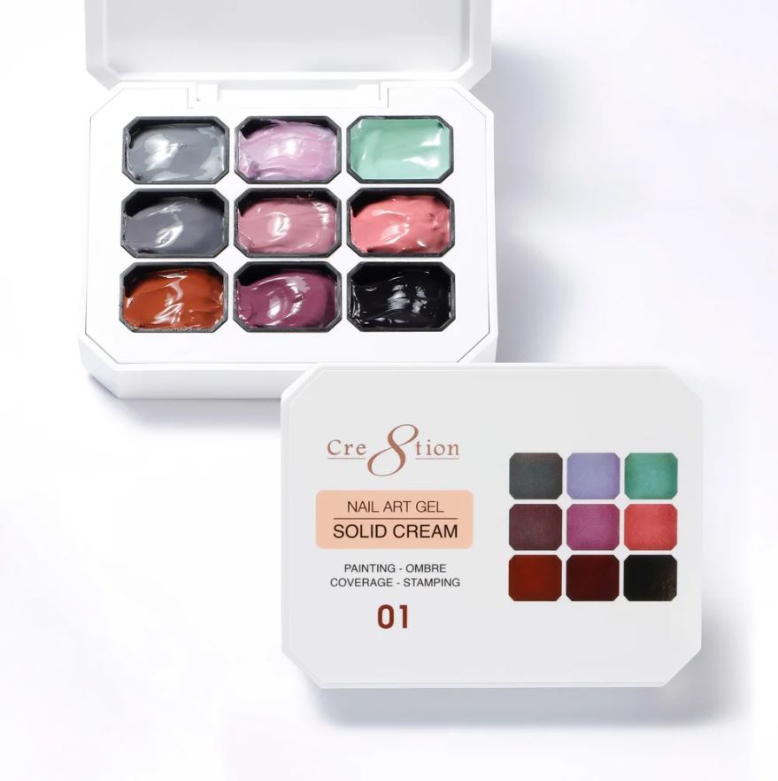 Nail art gel solid cream set with various colors in a white box on a white background