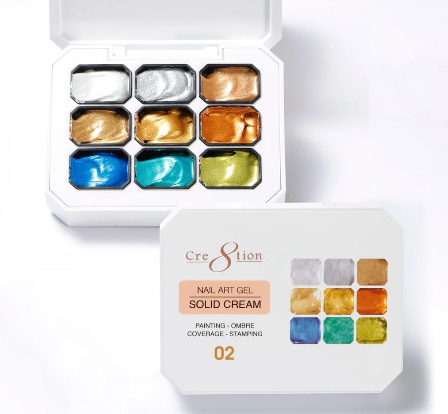 Set of nail art gel solid cream in a white box with color swatches on a white background