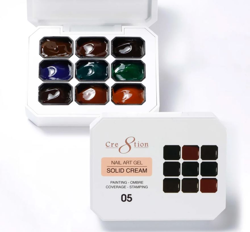 Set of nail art gel solid cream colors in a white box with 'Cre8tion' branding.